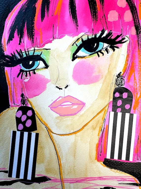 Original Mixed Media Pop Art Portrait: Neon Pink 80s Fashion Illustration