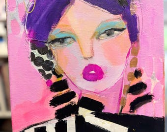 Abstract Portrait Painting: Mixed Media Face on Canvas (11x14)