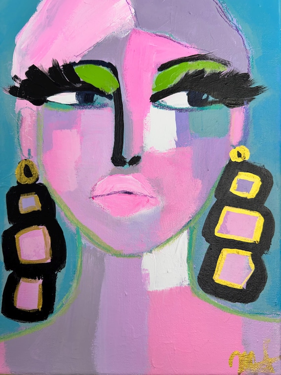 Original Abstract Portrait Painting, Modern Canvas Art, 11x14 Acrylic Oil Pastel