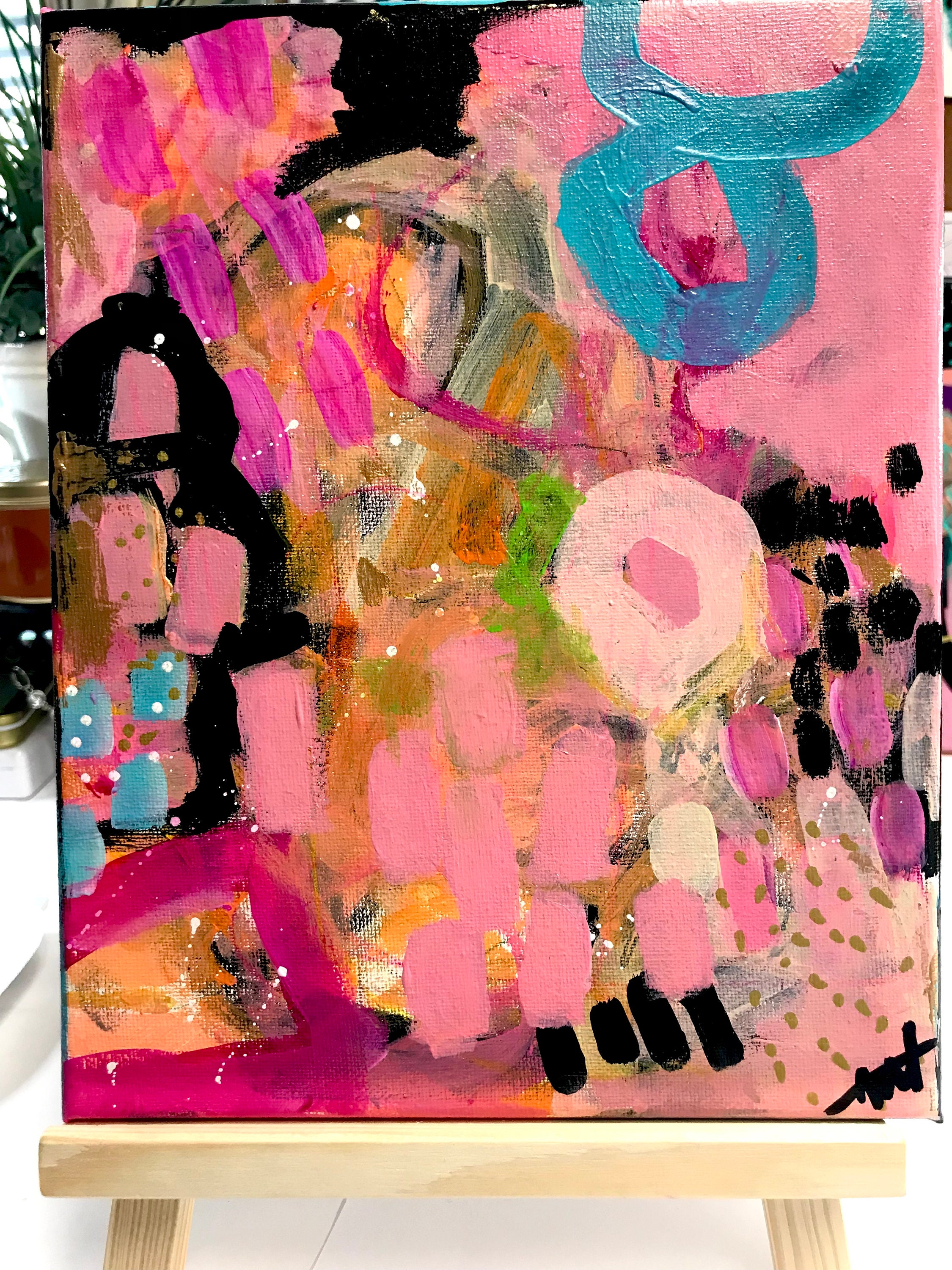 Original Abstract Painting: Pink, Coral, Gold, 8x10 Canvas