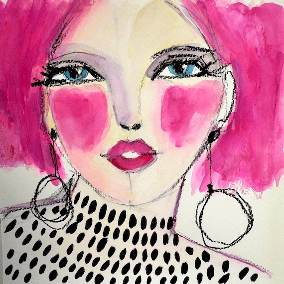 Original Watercolor Mixed Media Portrait Painting, Whimsical Fashion Art