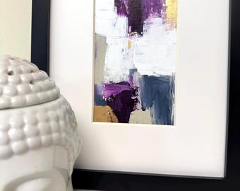 Small Abstract Painting: Gold Accent, Gray Purple Decor, 4x6 Mini Canvas