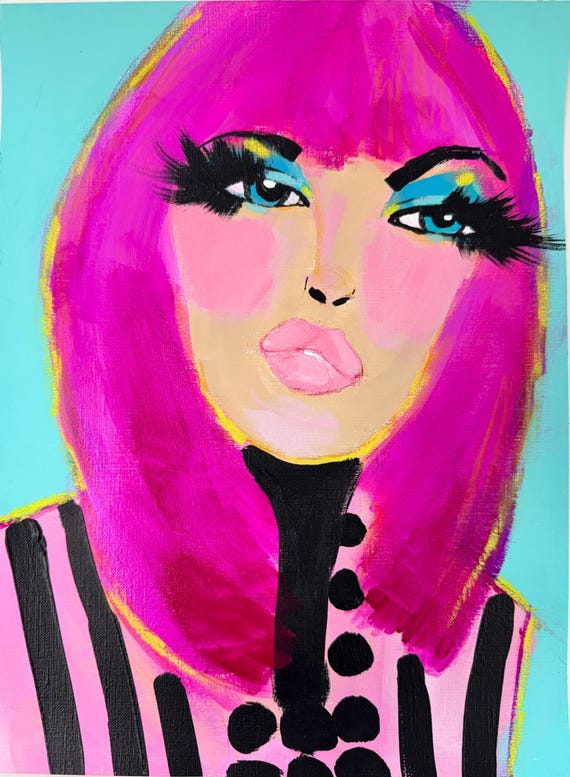 mixed media portrait, stylized portrait, pop art portrait, original art, art on paper, hot pink and black, fashion art, bold portrait