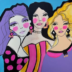 abstract portrait, whimsical girls, whimsical illustration, women painting, original art, wall art, friends, sisters, small art on canvas