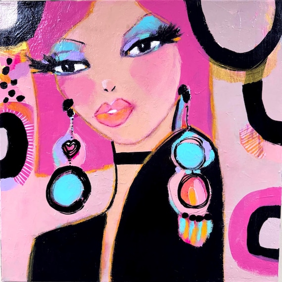 Studio 54 Dancing Queen, Original Acrylic Portrait Art, Retro Glam Decor