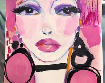 mixed media portrait, expressive portrait, abstract face, romantic pink, blush pink wall art, female portrait painting, expressive artwork