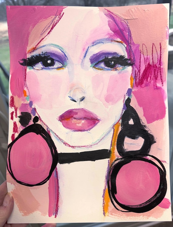 mixed media portrait, expressive portrait, abstract face, romantic pink, blush pink wall art, female portrait painting, expressive artwork