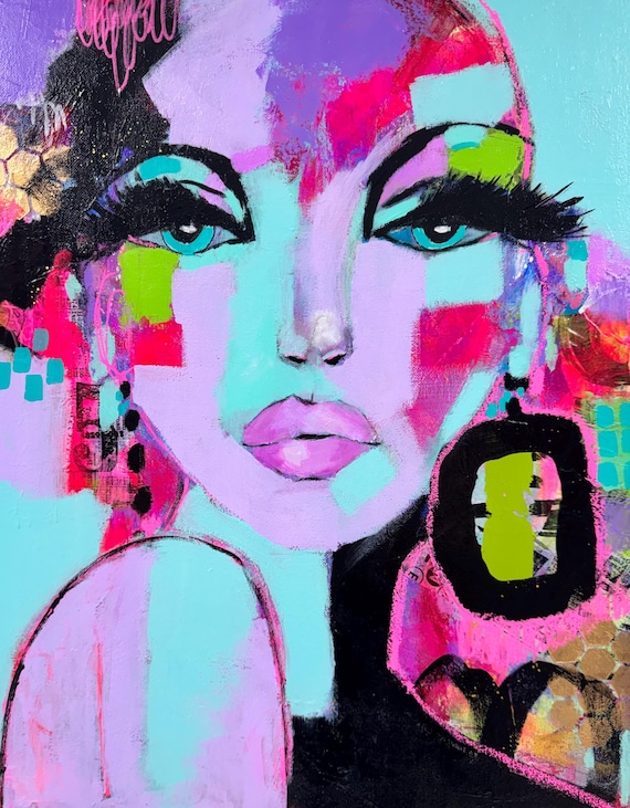 Original Pop Art Mixed Media Portrait, Bold Turquoise Pink Wall Decor