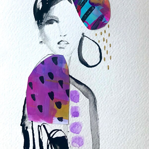 Fashion illustration, collage illustration, handmade artwork, watercolor art on paper, original watercolor painting, mixed media artwork
