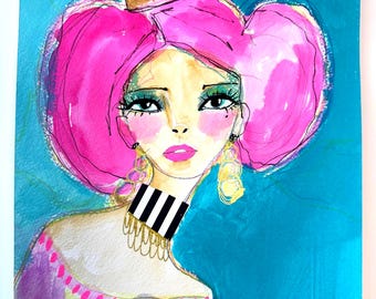 Whimsical Mixed Media Princess Portrait: Original Fantasy Art (9x12)