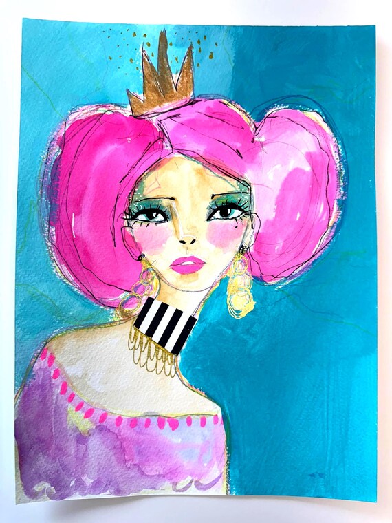 Whimsical Mixed Media Princess Portrait: Original Fantasy Art (9x12)