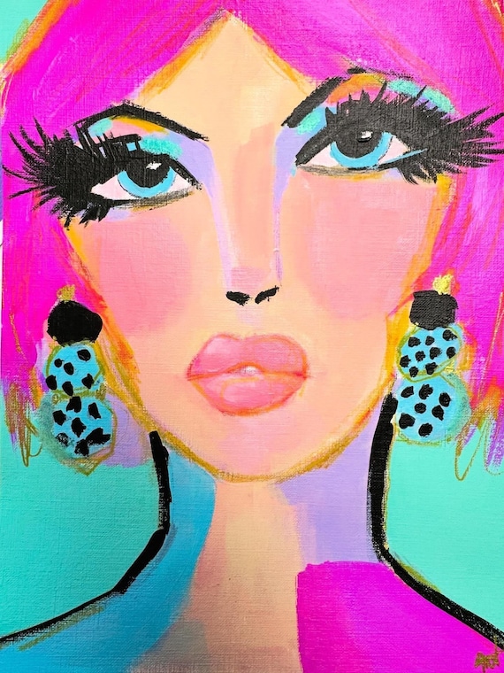Original Mixed Media Portrait Painting, Pink Hair Pop Art Style, Canvas Paper 9x12