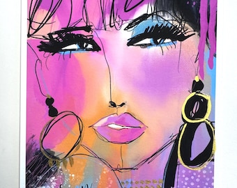 Fashion Influencer Art Print, Abstract Female Portrait, Gold Accents