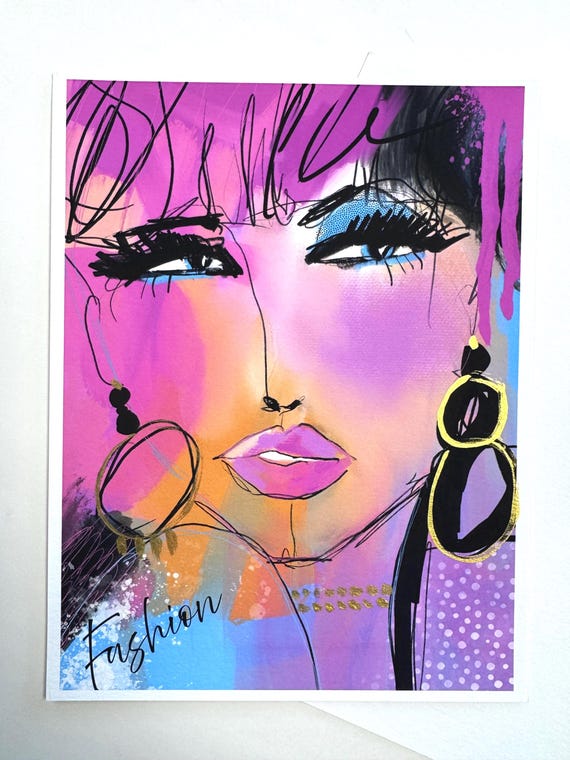 Fashion Influencer Art Print, Abstract Female Portrait, Gold Accents