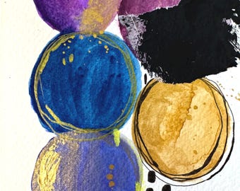 Original Watercolor Abstract Painting, Metallic Circles, 4x6 Art