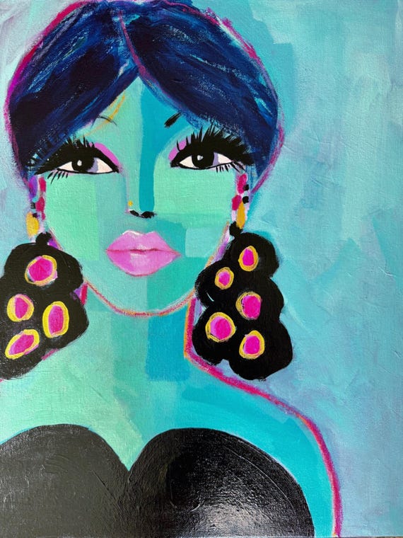 Original Acrylic Portrait Painting, Teal Face Fashion Art, 16x20 Canvas