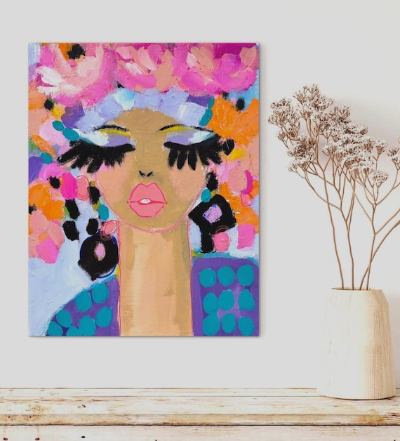 Floral Daydreamer Mixed Media Portrait Painting, Whimsical Abstract Face Art
