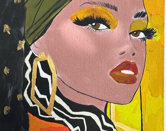 Mixed Media Giclée Art Print: Afro Chic Portrait with Gold