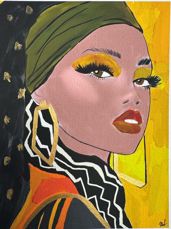 Mixed Media Giclée Art Print: Afro Chic Portrait with Gold