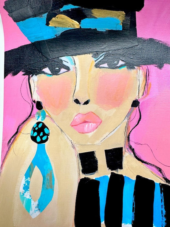 mixed media portrait, whimsical portrait, fashion art painting, original art, expressive face painting, whimsical face, bold portrait art