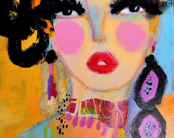 Original Mixed Media Portrait Painting, Expressive Pop Art, 11"x14" Canvas