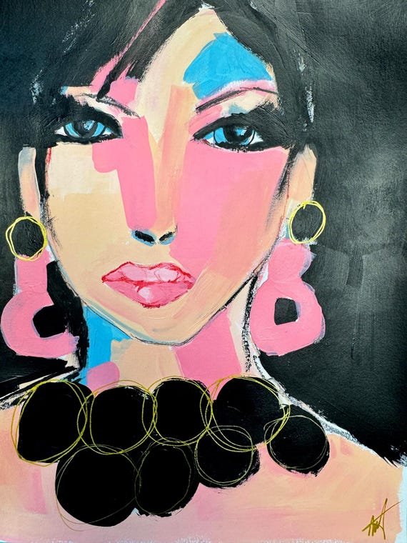 Original Mixed Media Portrait Painting, Bold Fashion Woman Art, 9x12 Paper