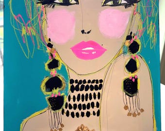 Neon Glam Portrait Painting: Mixed Media Fashion Art, 12x12 Canvas