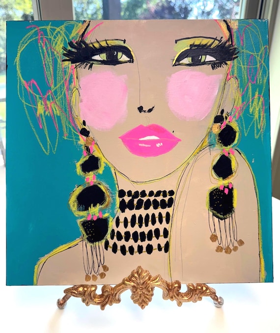 Neon Glam Portrait Painting: Mixed Media Fashion Art, 12x12 Canvas