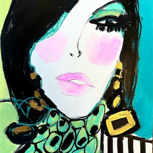 abstract portrait, mixed media art, fashion illustration, original painting, abstract face, whimsical portrait, wall art, colorful art