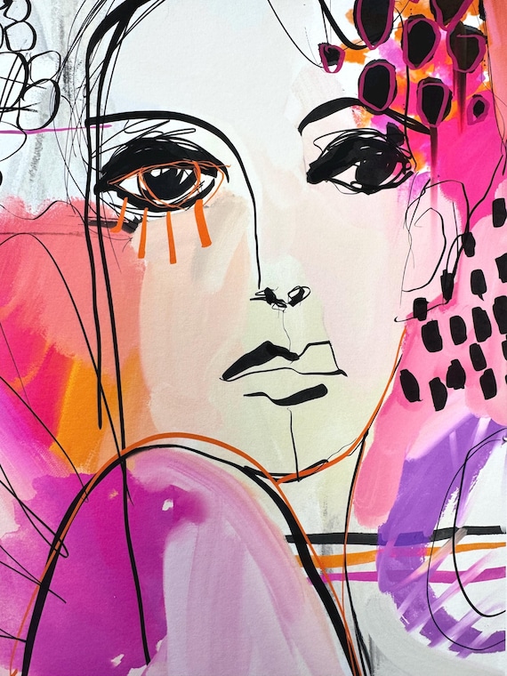 Abstract Female Portrait Print, Vibrant Pink Expressive Art, Modern Wall Decor