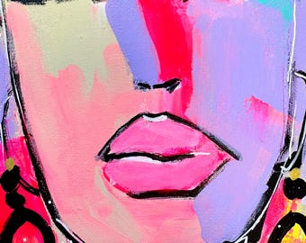 Original Acrylic Pop Art Portrait: Colorful Abstract Face Painting