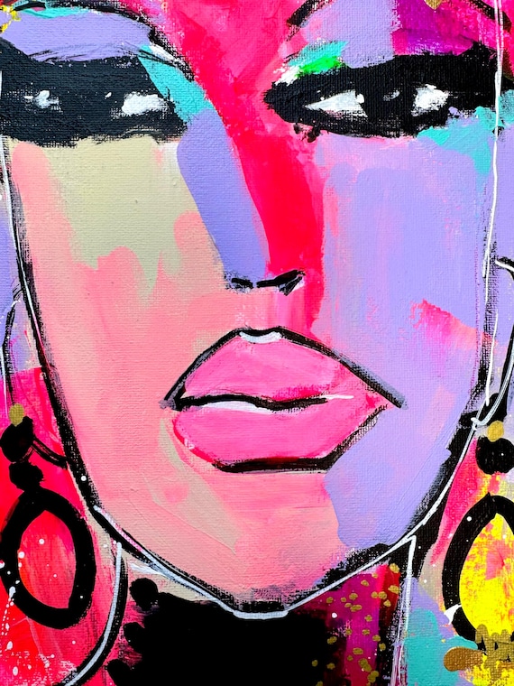 Original Acrylic Pop Art Portrait: Colorful Abstract Face Painting