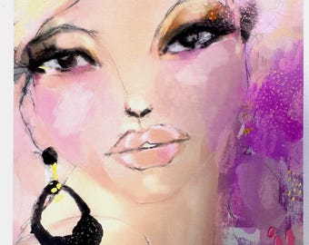 Angel Baby Portrait, Expressive Female Art Print, Gold Accents