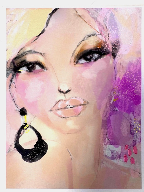 Angel Baby Portrait, Expressive Female Art Print, Gold Accents