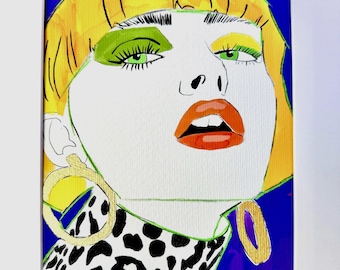 Pop Art Female Portrait: Leopard Print Fashion Illustration, Hand Embellished Giclée Print