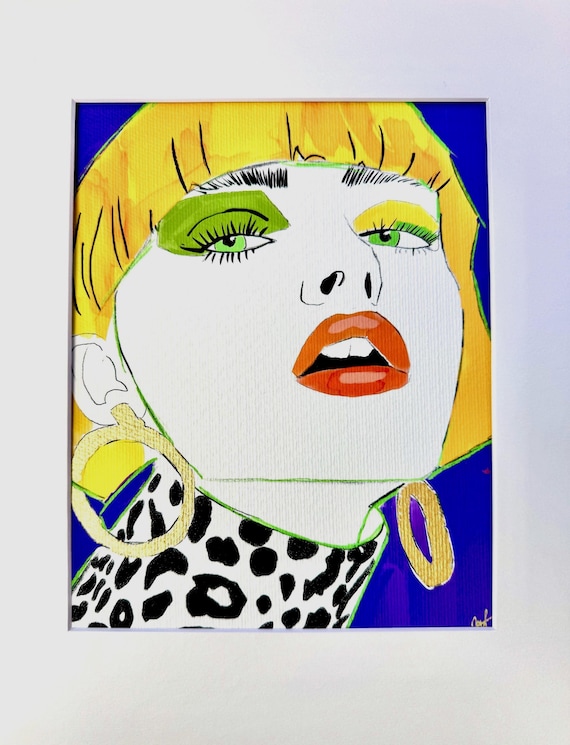 Pop Art Female Portrait: Leopard Print Fashion Illustration, Hand Embellished Giclée Print
