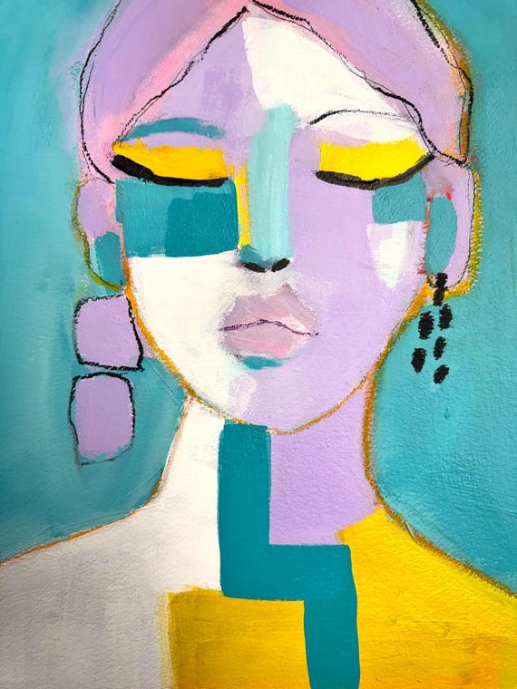 Original Mixed Media Portrait Painting, Abstract Face Art, 11x15 Heavyweight Paper