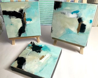 Original Abstract Painting: Blue Beige Black Acrylic Art, 8x8 Gallery Canvas