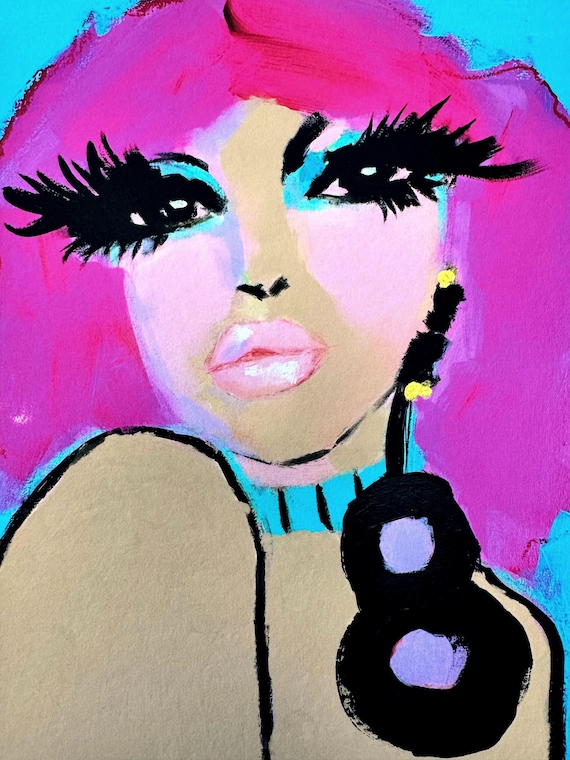 Lola Disco Queen Pop Art Print, Pink Hair Woman, Glamour Mixed Media (8.5x11 inches)