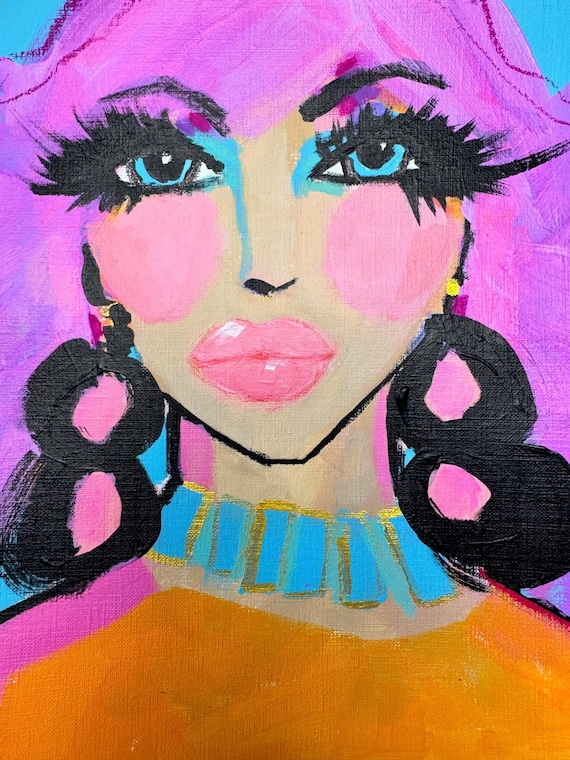 Original Mixed Media Portrait, Pink Hair Art, Glam Pop Art, 9x12 Canvas Paper
