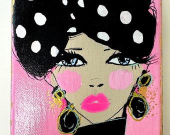 Mixed Media Portrait Painting: Retro Glam Pop Art, Pink Wall Decor