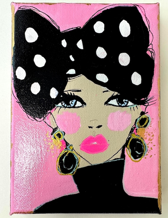 Mixed Media Portrait Painting: Retro Glam Pop Art, Pink Wall Decor