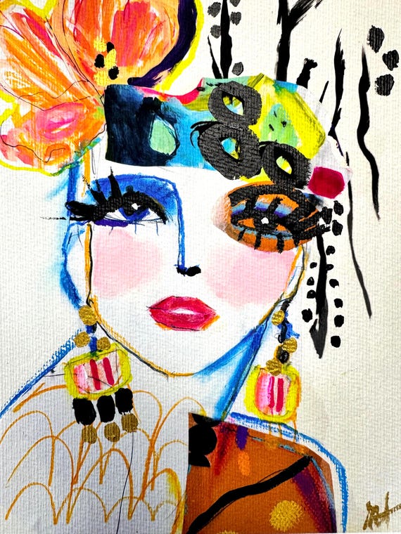 abstract portrait, abstract face, art print, mixed media portrait, collage art, whimsical face, whimsical art, portrait art print