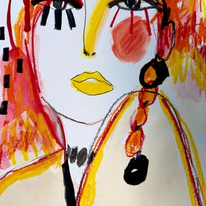 abstract face, mixed media portrait, girl portrait, abstract girl, colorful art, art on paper, original art, mixed media art, red and orange