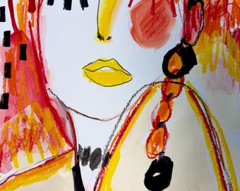 Abstract Face Mixed Media Art: Red Orange Portrait (9x12)