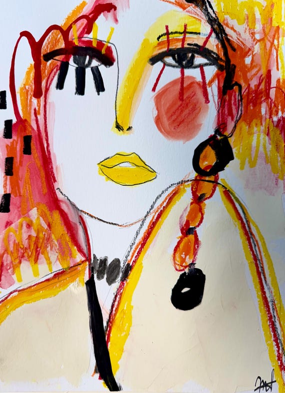Abstract Face Mixed Media Art: Red Orange Portrait (9x12)