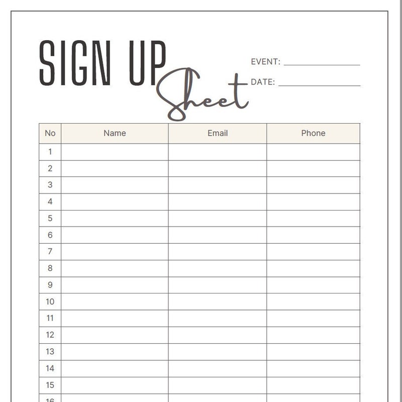 Free Sign up Sheet Template Etsy Free Sign up Sheet Template Etsy