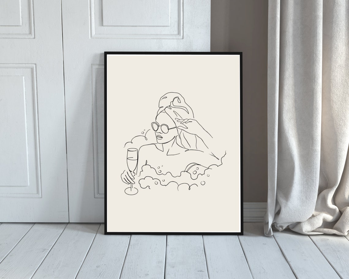 Bathroom Line Art | Neutral Wall Art | Woman in Bathtub | Minimal One ...
