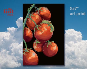 Lámina artística de 5x7 con una rana sobre tomates cherry / Ilustración animal caprichosa / Tarjeta con acabado brillante