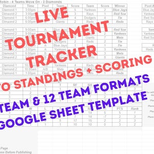 Könnte beinhalten: Eine Google Sheet-Vorlage für einen Turnier-Tracker für 8 und 12 Teams. Die Tabelle enthält automatische Tabellen, Ergebnisse und Formate. Das Bild zeigt eine Tabelle mit Spielplänen, Ergebnissen und Team-Rankings. Der Text enthält "LIVE", "TOURNAMENT TRACKER" und "GOOGLE SHEET TEMPLATE".